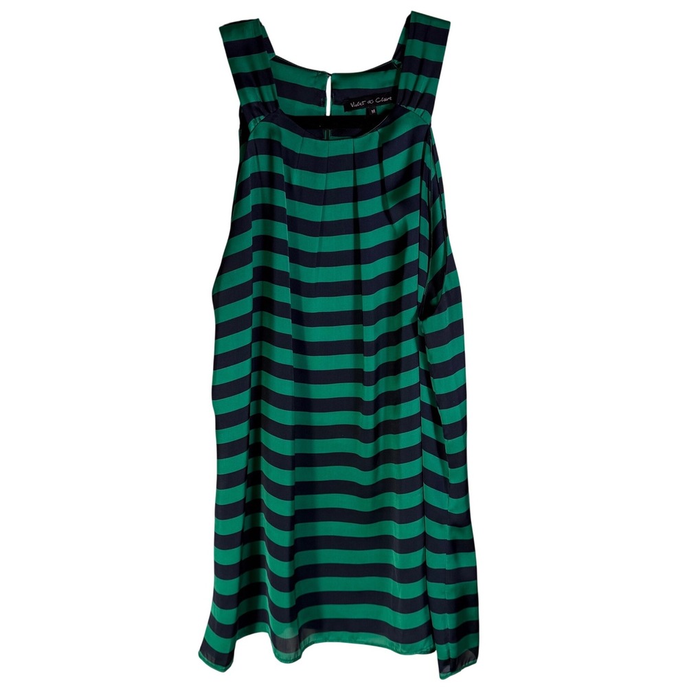 Violet & Claire Green Navy Blue Striped Sleeveless Pleated Neck Blouse Medium